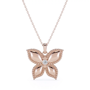 Butterfly-In-Love Pendant Necklace with round Brilliant Cut Moissanite in 18K Rose Gold Plating over Silver